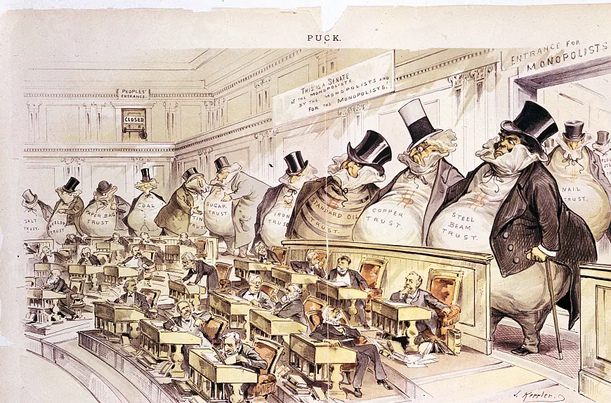 A cartoon of giant money bags labeled with trust names looming over senators at their desks.