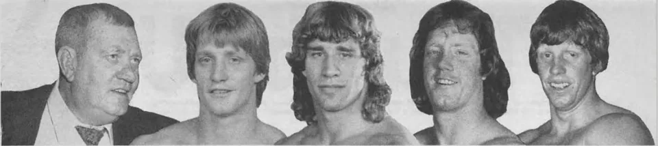 Fritz Von Erich in a suit beside four of his young, long haired sons, from a 1980s wrestling program