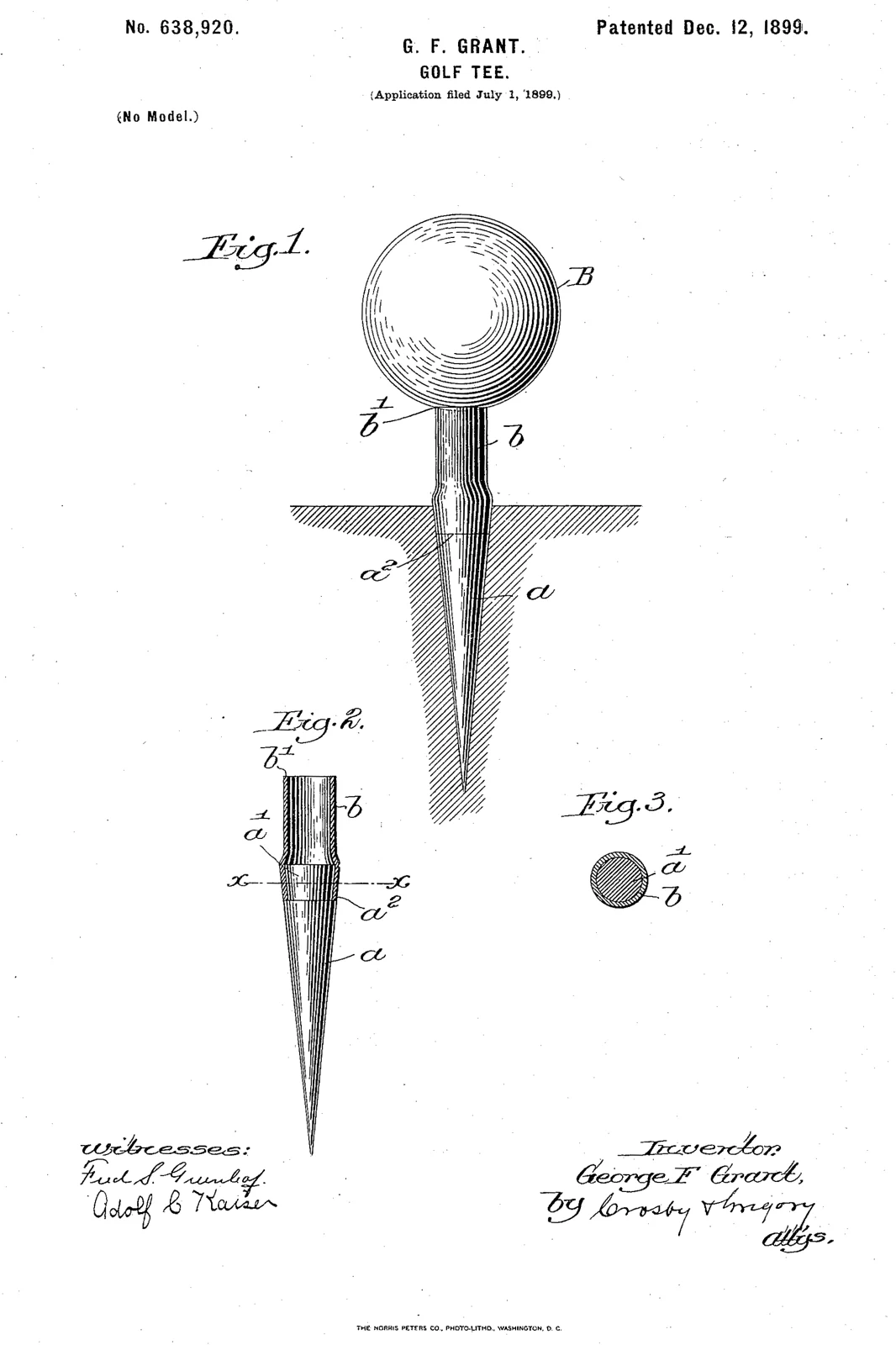 George Franklin Grant’s golf-tee patent drawing, U.S. patent 638,920, issued December 12, 1899. The large central drawing shows a ball above a narrow support and a pointed base extending below the ground line. Two smaller views show parts of the support. The heading names G. F. Grant and dates the patent December 12, 1899.