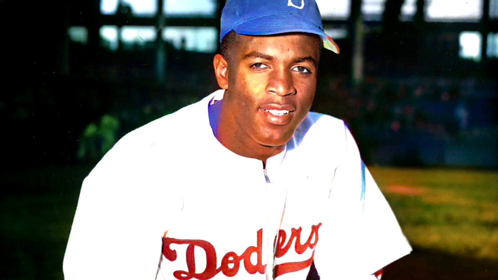 Colorized photograph of Jackie Robinson in his Brooklyn Dodgers uniform