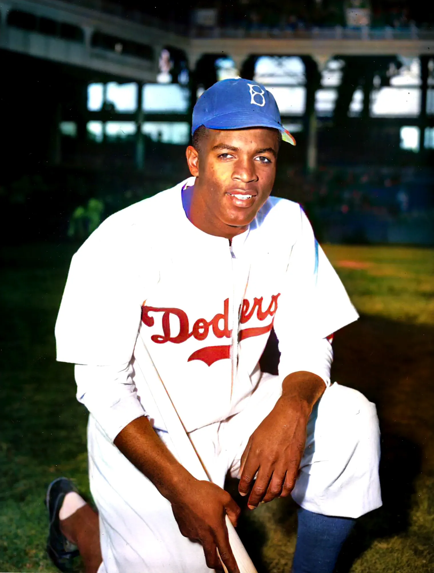 Jackie Robinson kneeling in his Brooklyn Dodgers uniform