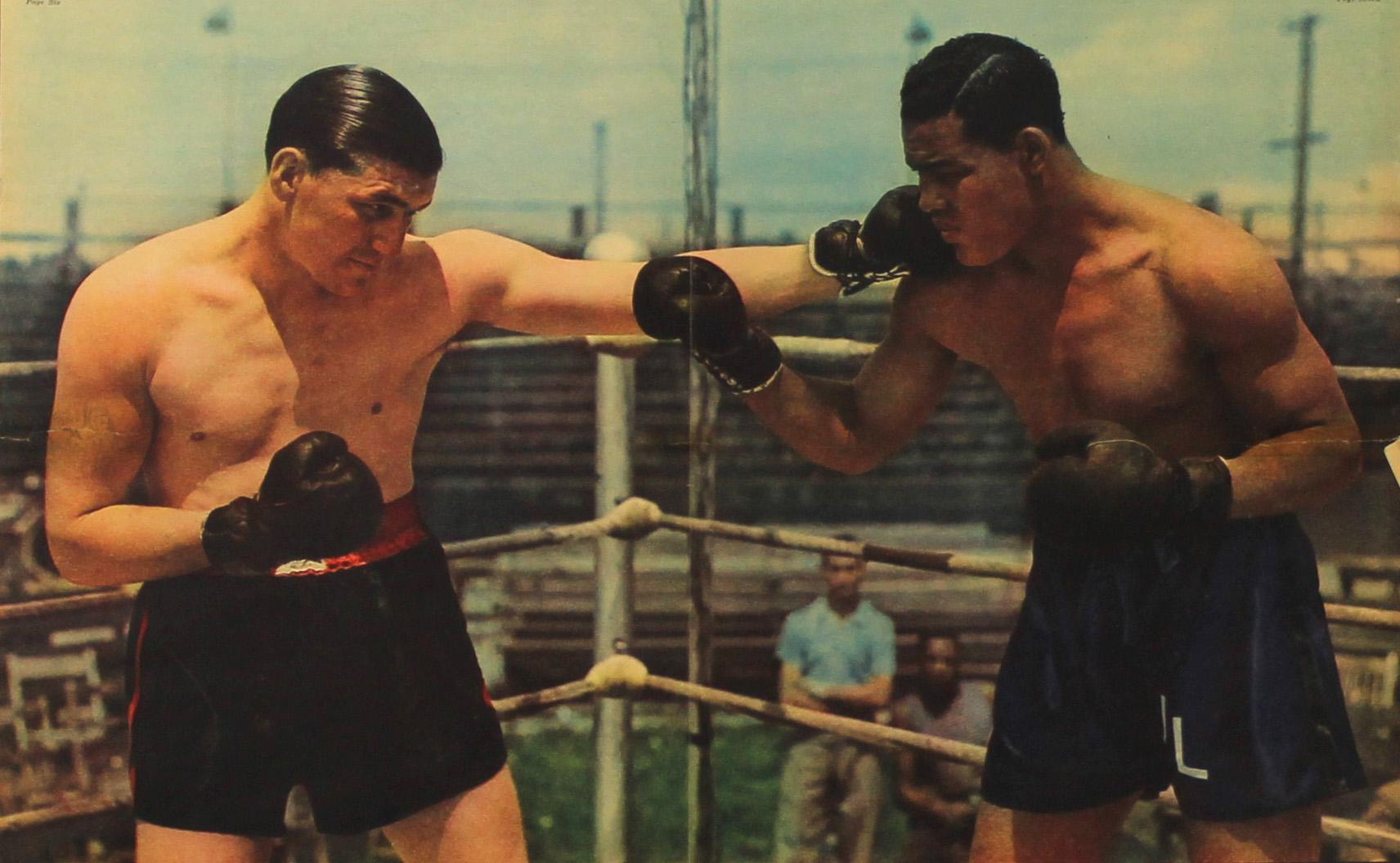 Color photograph of Joe Louis and Tommy Farr squaring off in an outdoor ring, 1937.