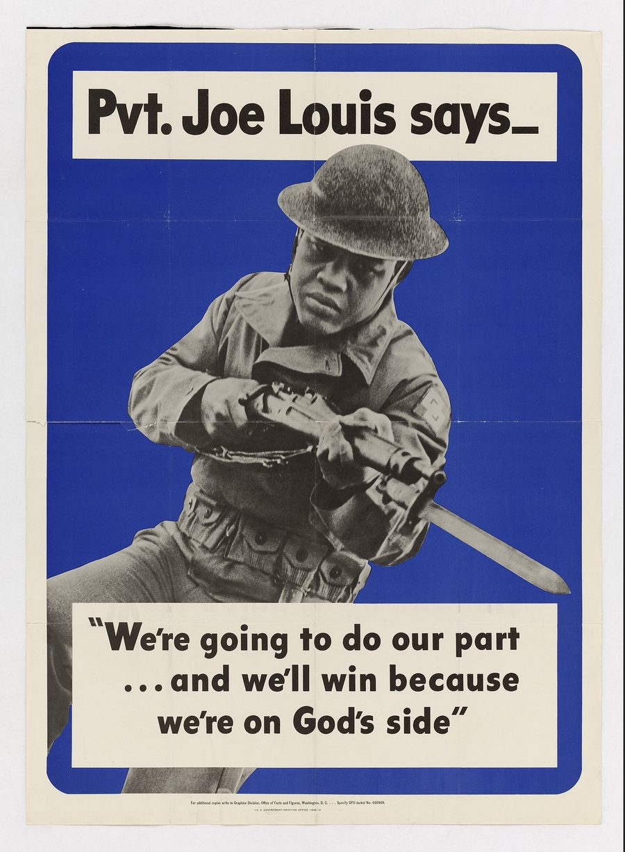 Blue World War Two poster of Private Joe Louis in helmet and uniform, charging with a rifle and bayonet.