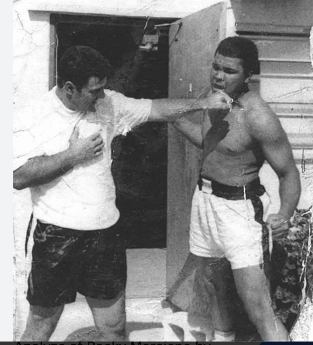 Rocky Marciano landing a punch on Muhammad Ali during filming.