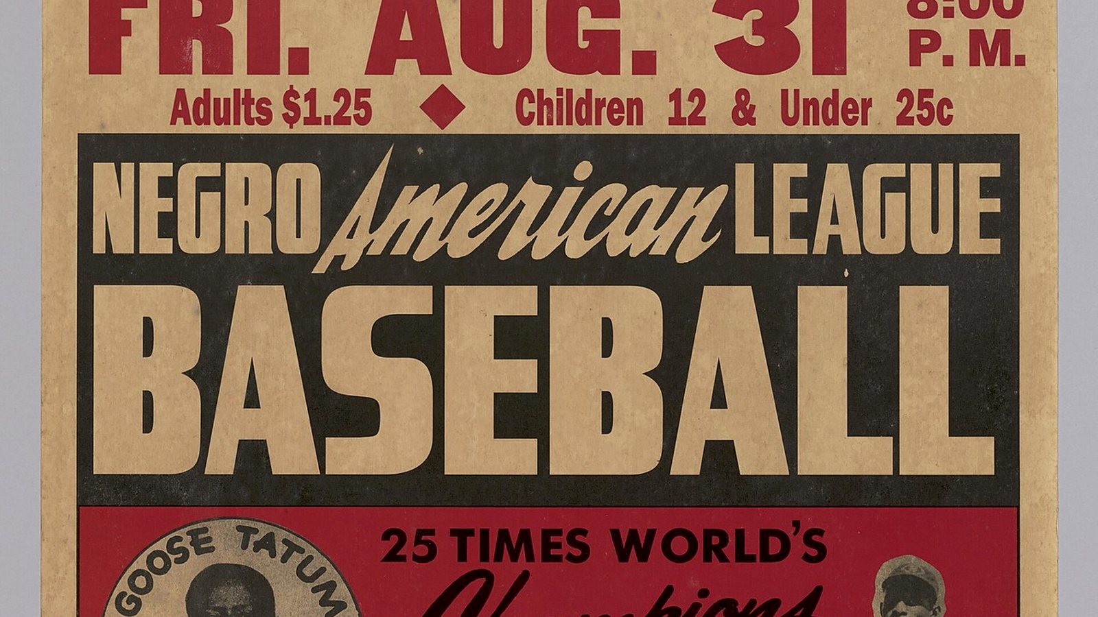 Red and white Negro American League game poster featuring Satchel Paige
