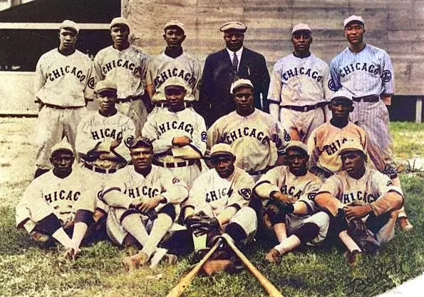 Team photograph of the Chicago American Giants in uniforms marked Chicago