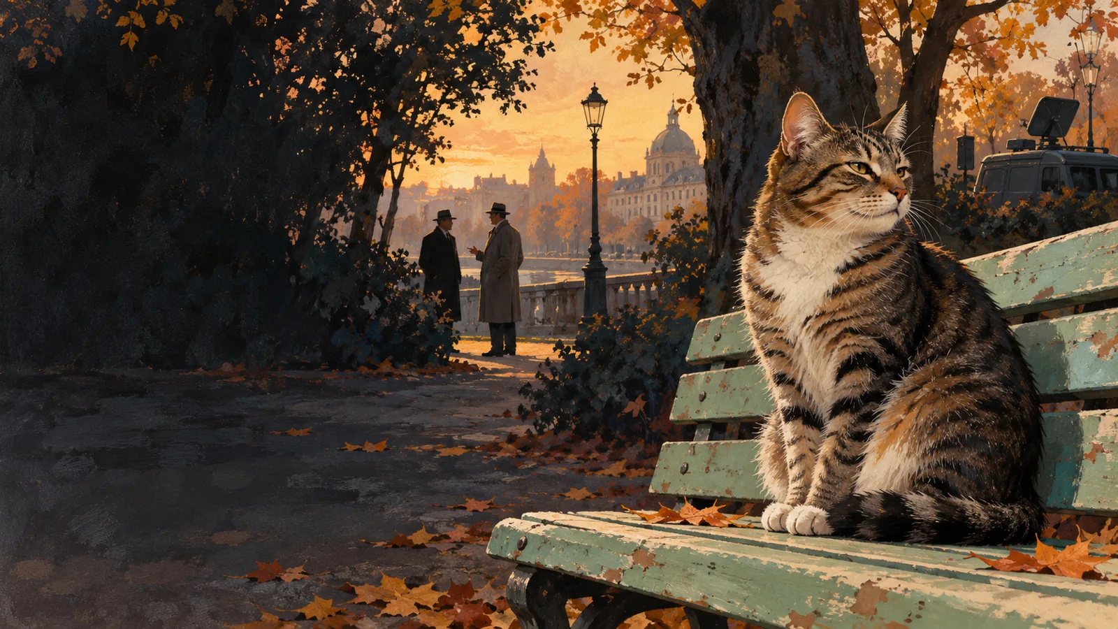 Modern illustration of a tabby cat on a park bench, with two men talking and a van in the background.