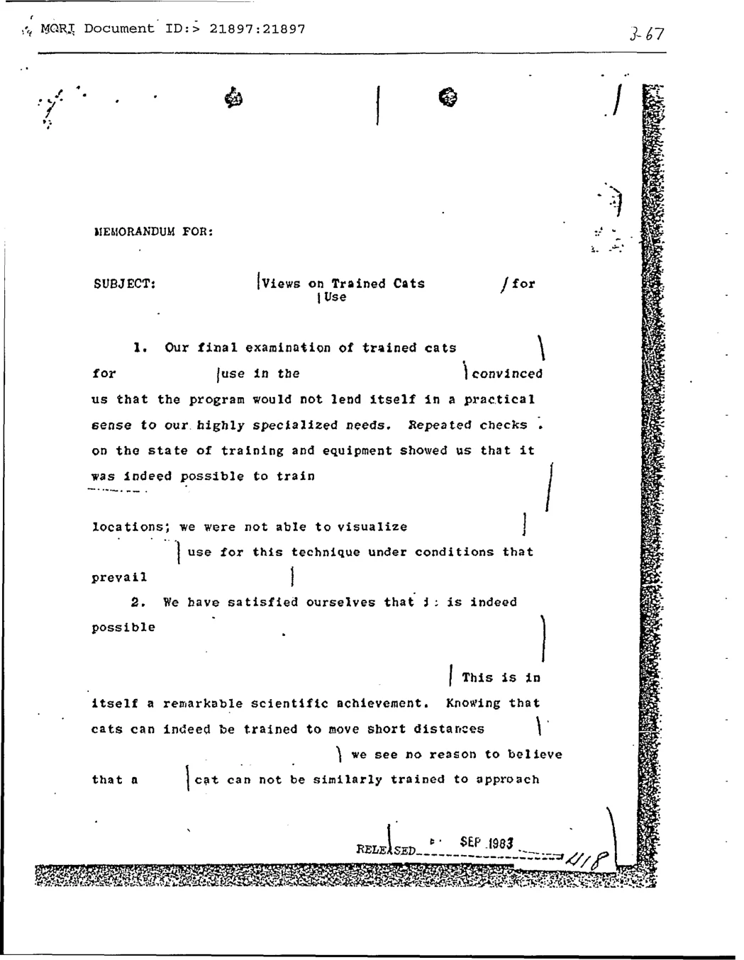 The contemporary CIA memo from March 1967. Redactions hide details; the remaining text explains why the method was judged impractical.