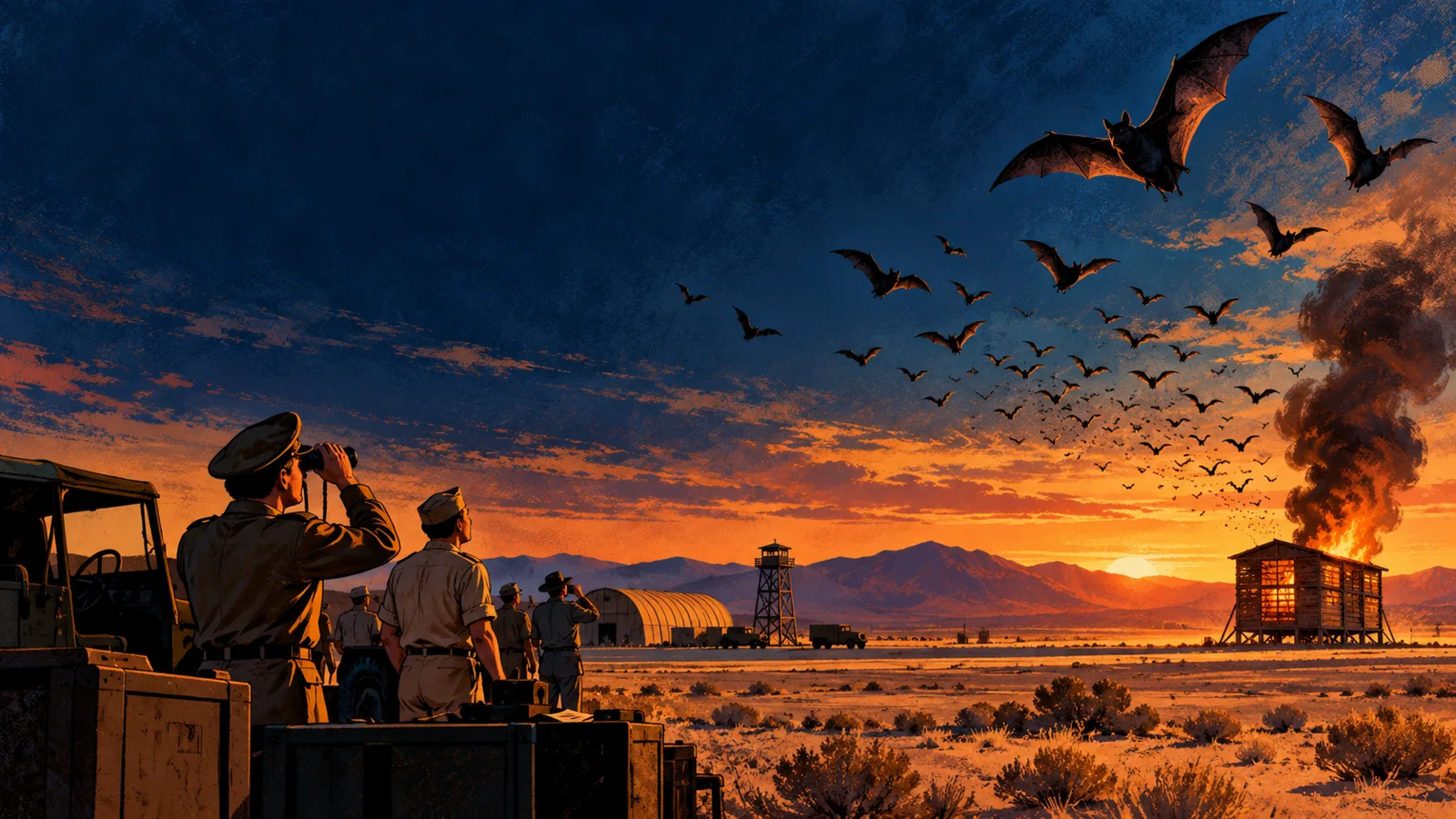 Modern illustration of bats over a desert airfield as an empty wooden building burns.