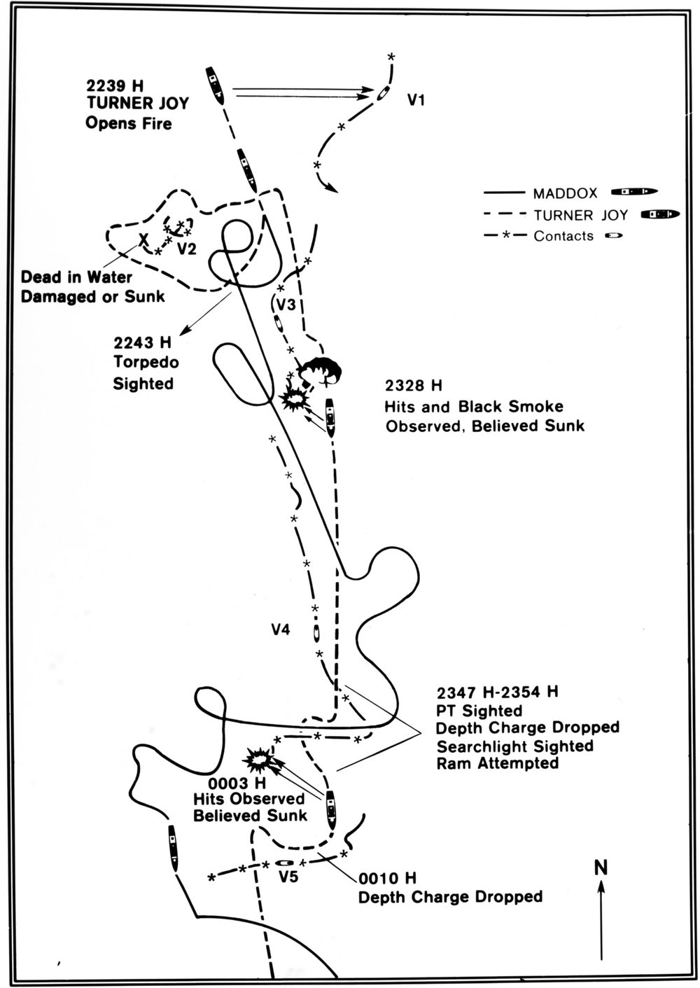 A Navy chart tracing the zigzagging paths of the two destroyers on August 4, with handwritten style labels for torpedoes sighted, hits observed and depth charges dropped.