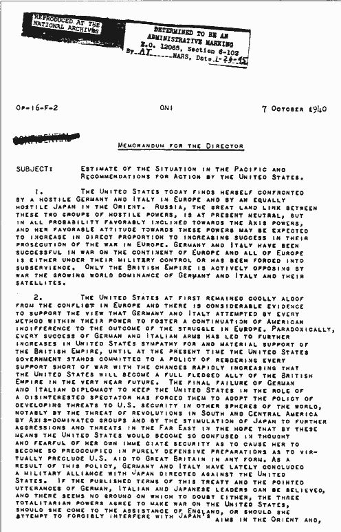 First page of a typed Navy memorandum dated 7 October 1940, headed Estimate of the Situation in the Pacific.