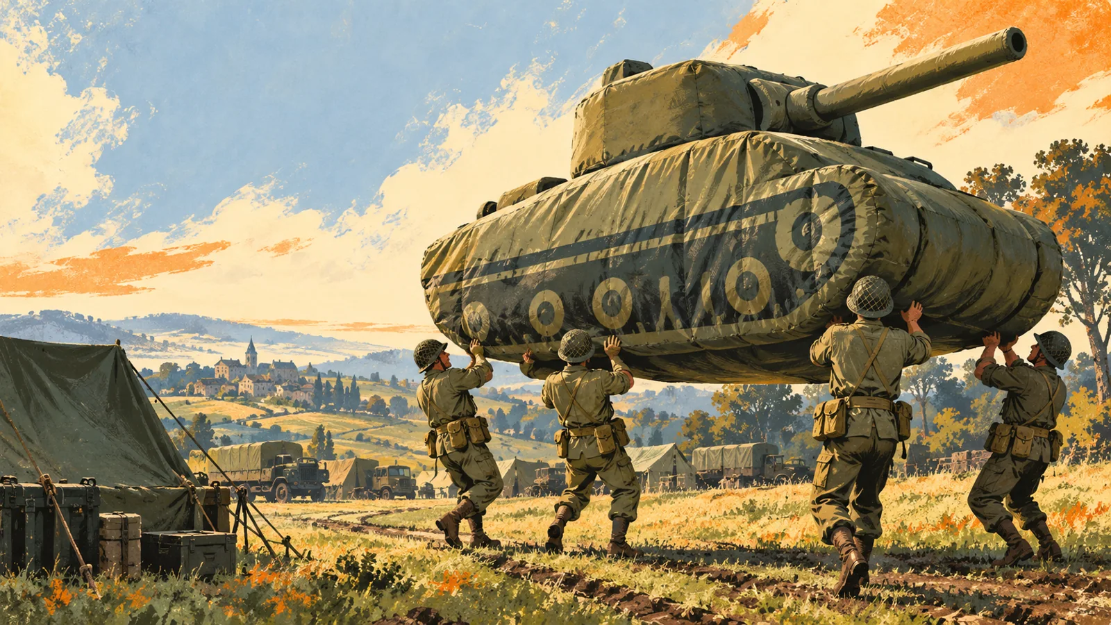 Modern illustration of soldiers lifting an inflatable tank at a field camp.