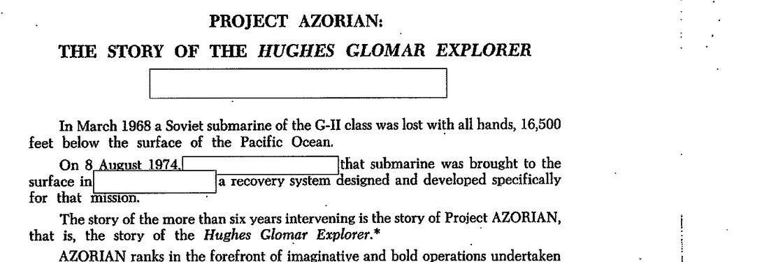 The opening paragraphs of the CIA history. The sentence about the recovery keeps the date August 8, 1974 but blanks out how the submarine was raised
