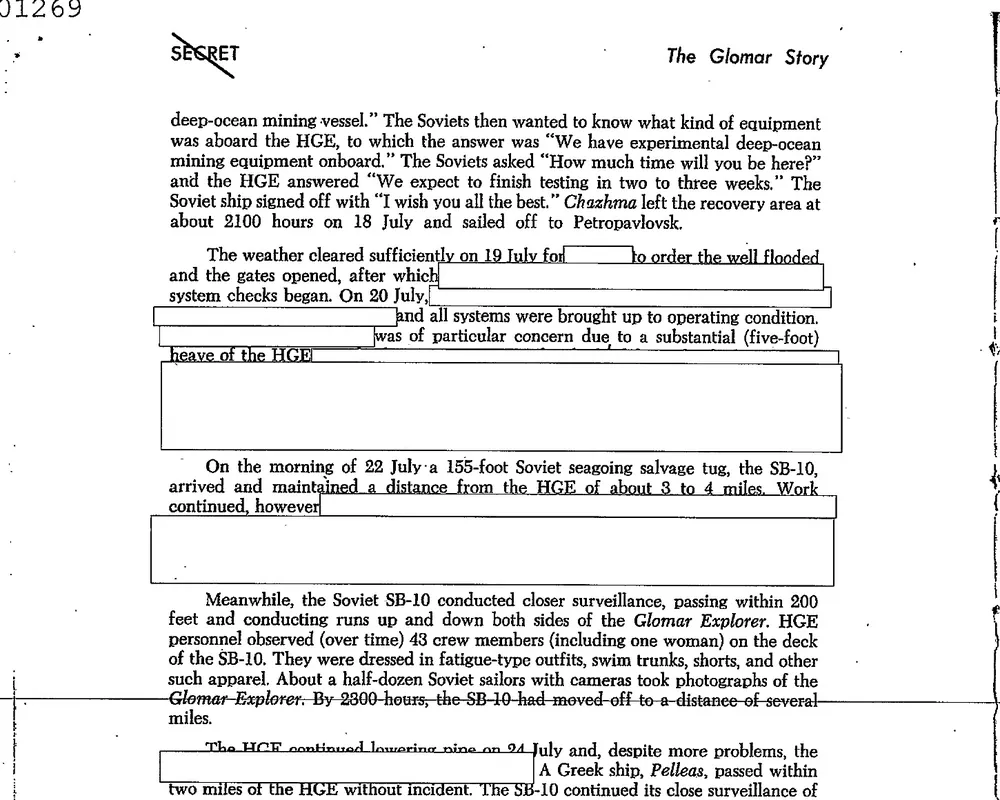 A typed page from the CIA history with the end of the radio conversation and several blank white boxes where text is still classified