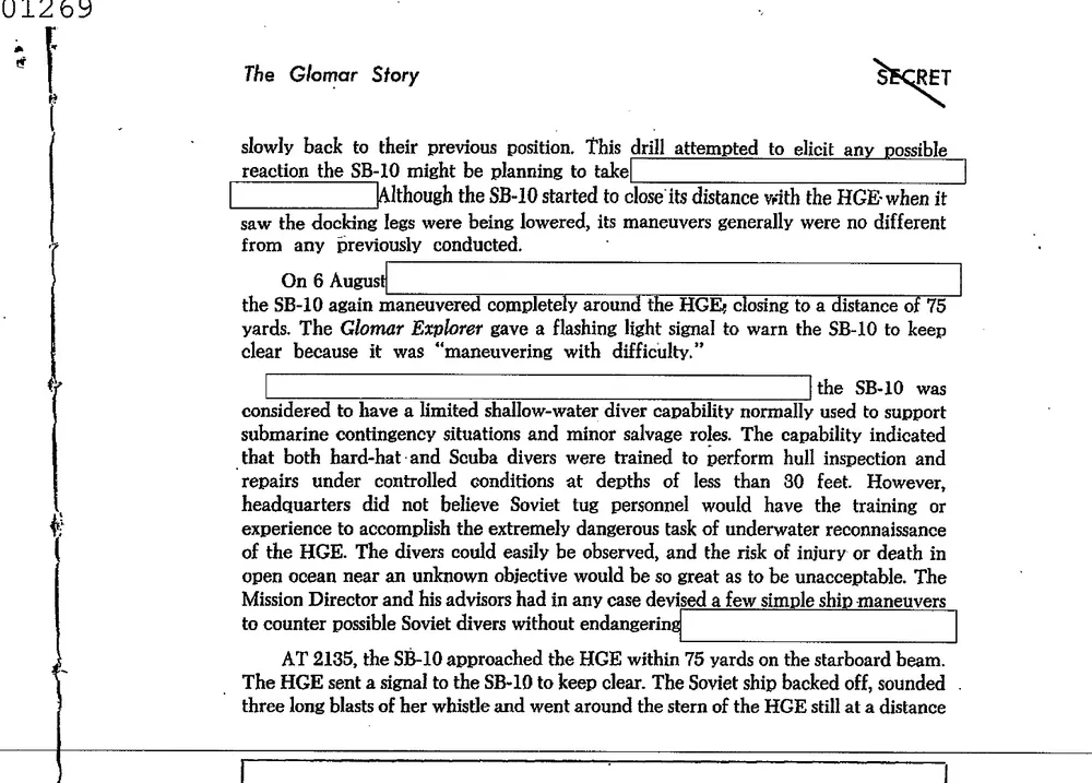 A page of the CIA history about the Soviet tug with several whole paragraphs left as empty white boxes