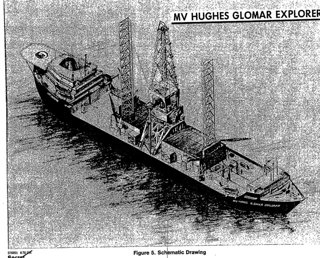 CIA drawing of the Hughes Glomar Explorer, a long ship with a tall drilling derrick in the middle, labeled MV Hughes Glomar Explorer