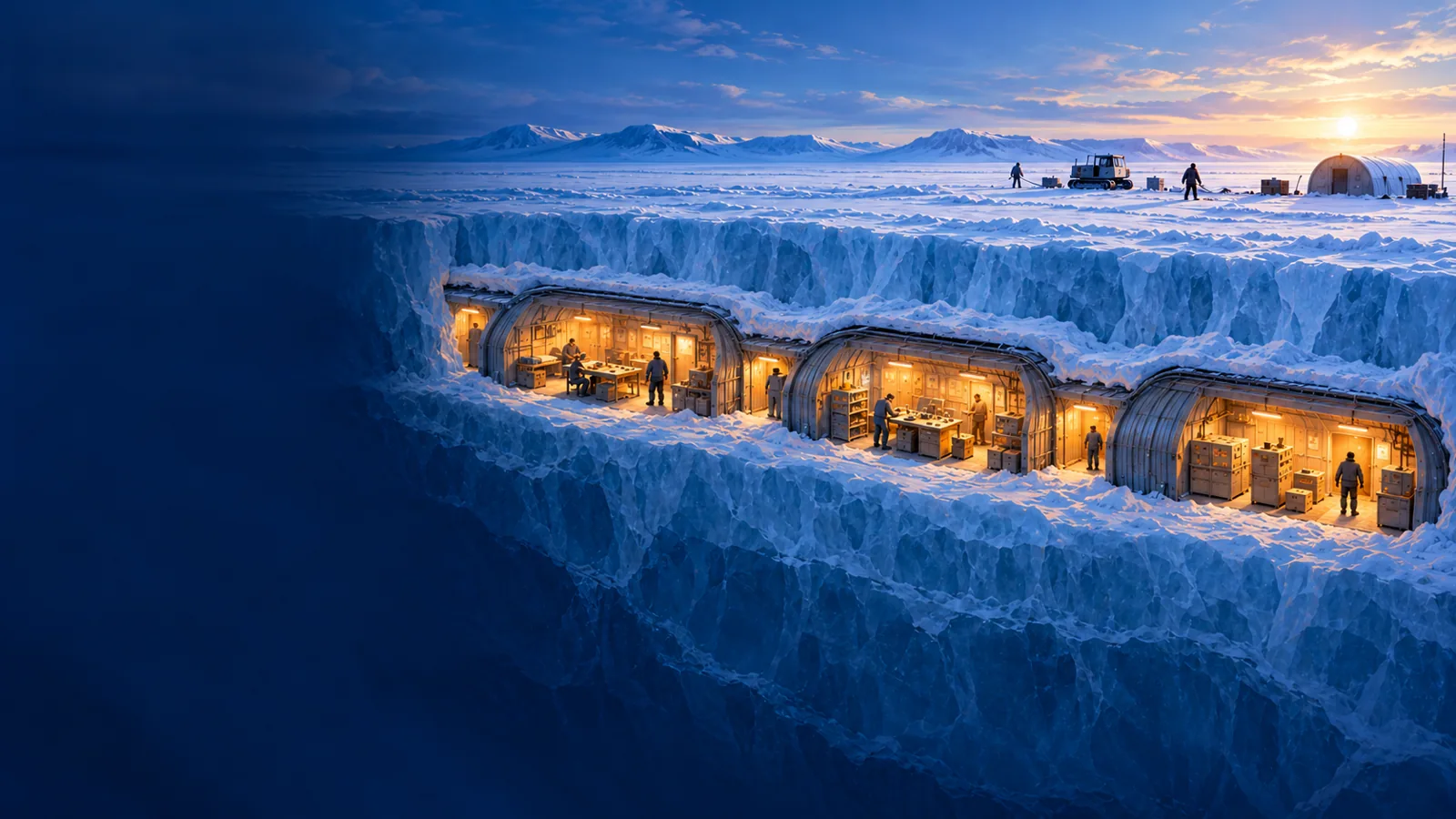 Modern illustration of lit rooms and corridors beneath Greenland snow; a conceptual cutaway.