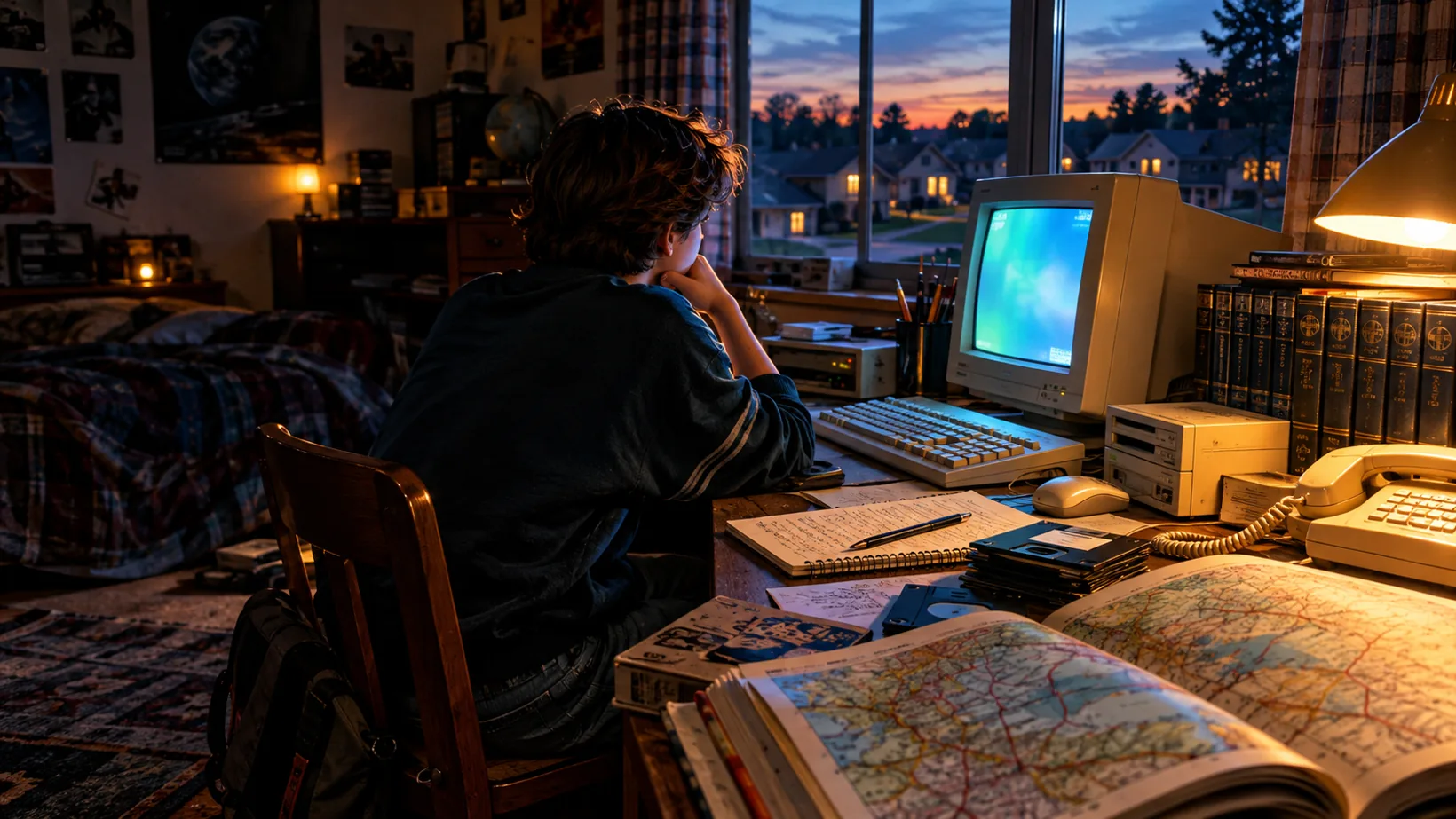 Original cinematic illustration of a 1990s student surrounded by a computer, reference books and warm lamplight
