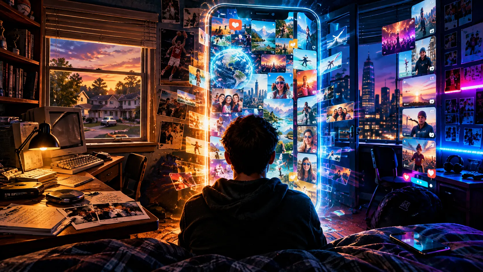 Original digital artwork of a teenager facing a glowing smartphone portal between analog and connected worlds