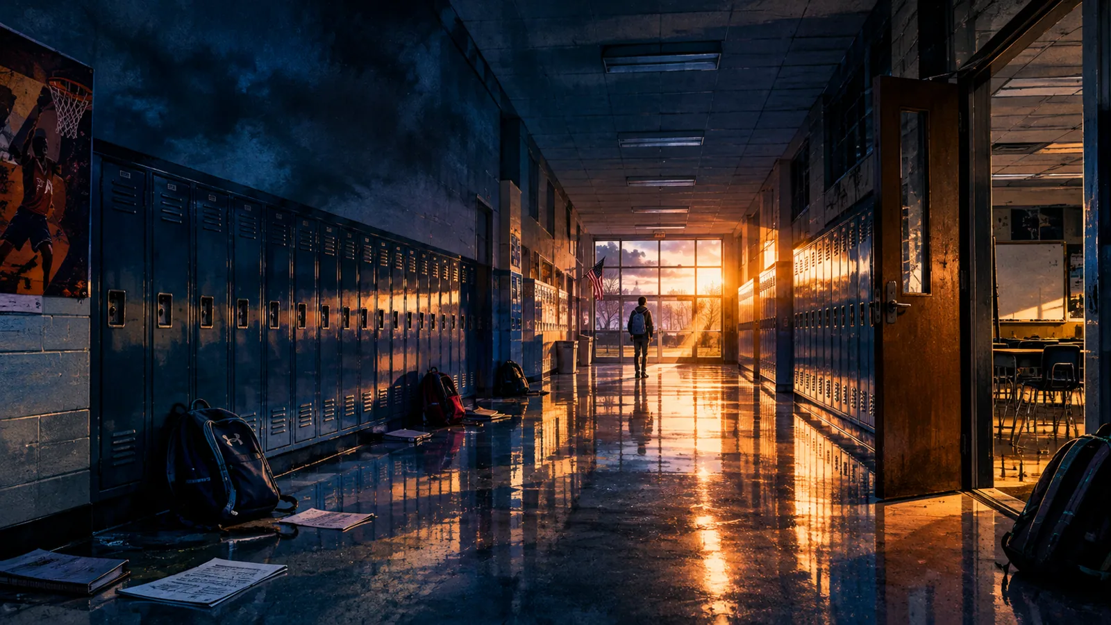 Original cinematic illustration of an empty Michigan-style school corridor at sunset after the pandemic shutdown