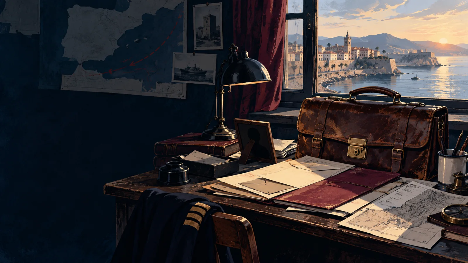 Modern illustration of a leather briefcase and papers on a wartime desk beside a coastal window.