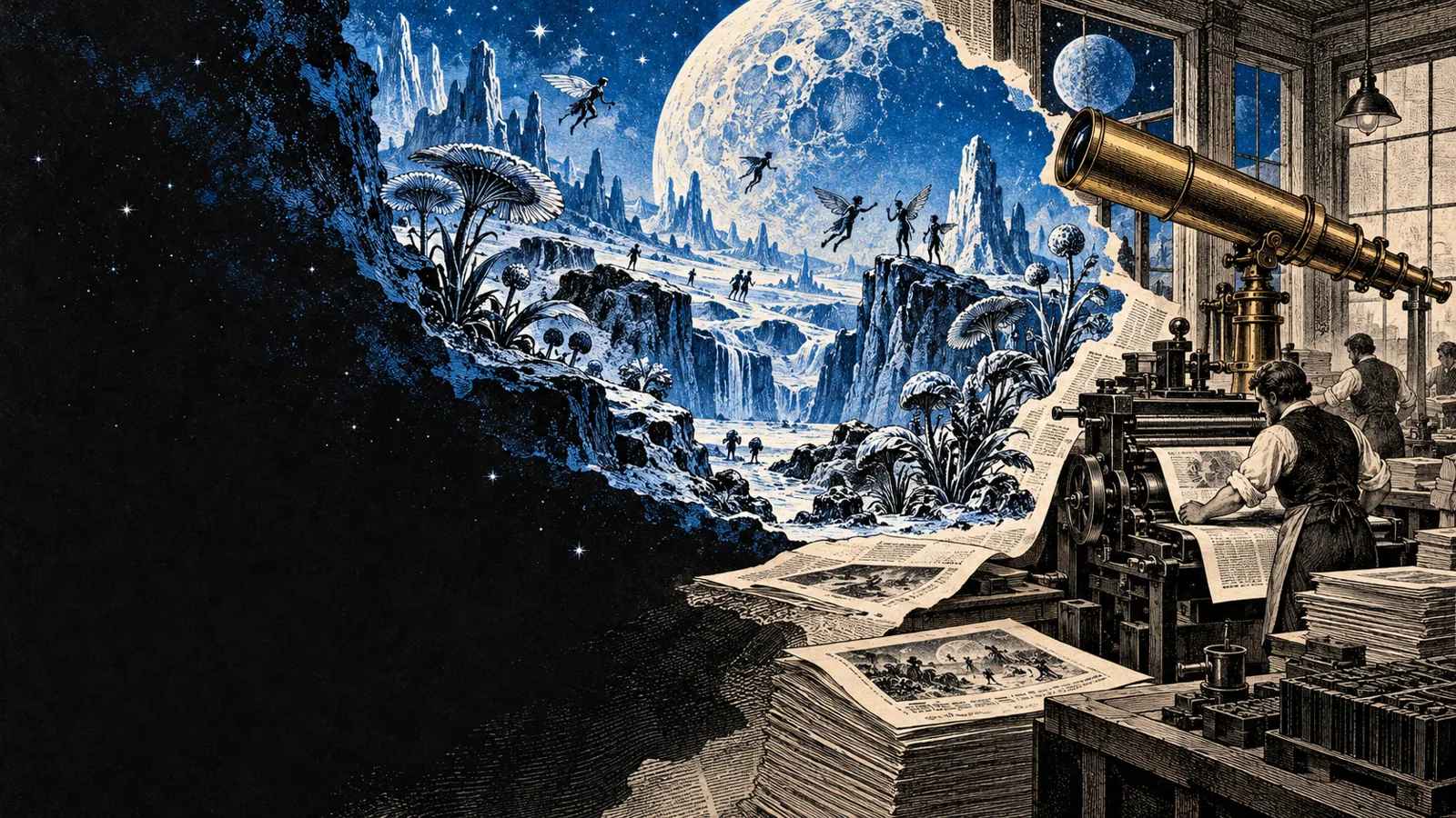 Modern illustration merging a telescope and printing press with the imaginary lunar creatures of the hoax.