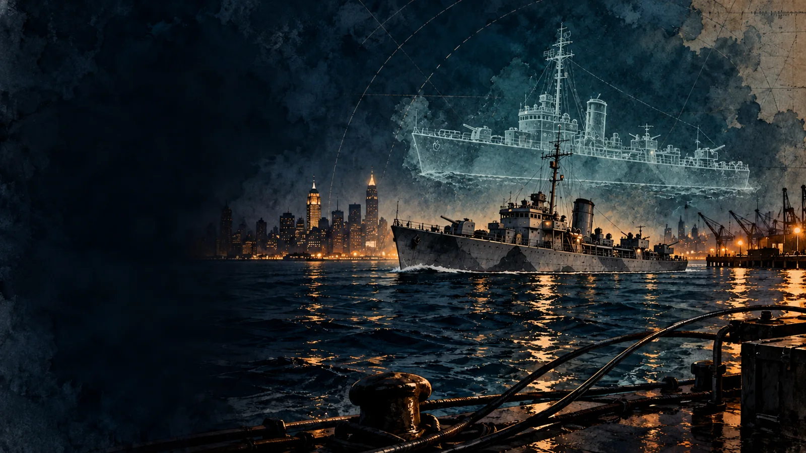 Modern illustration: A modern conceptual destroyer-escort illustration in a New York harbor setting, with a symbolic drawn outline representing the legend, not an observed disappearance.