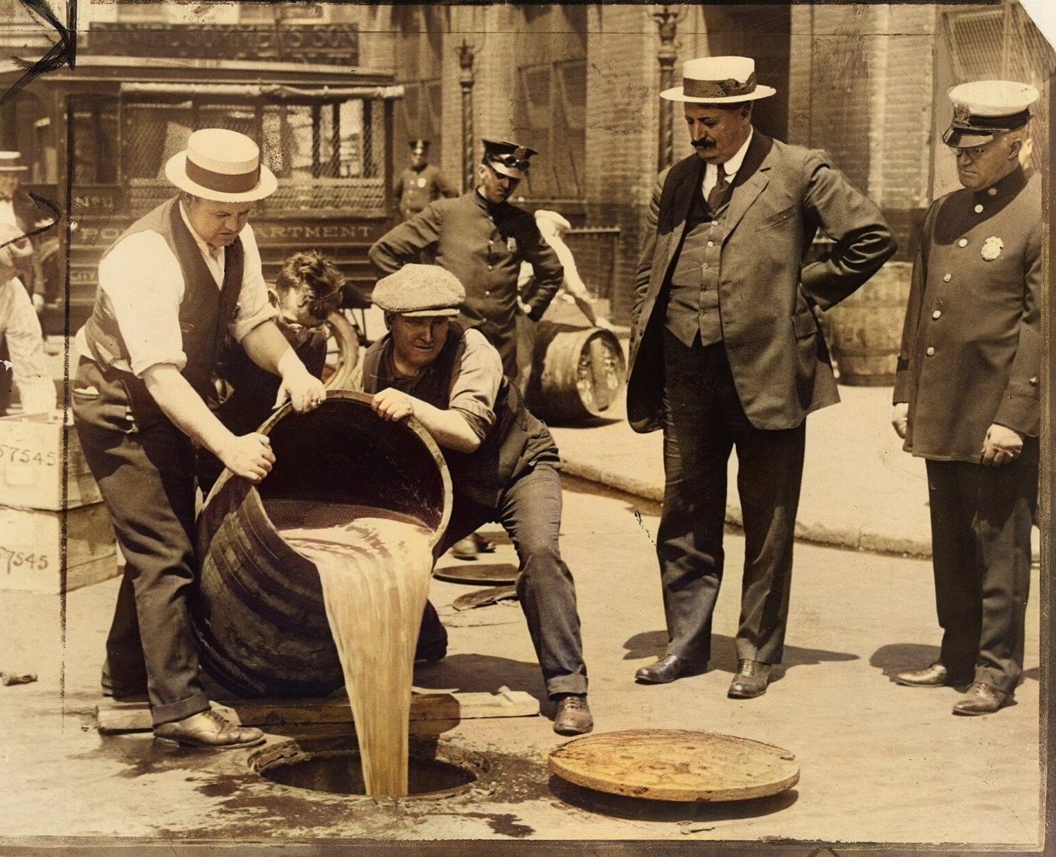 Men in shirtsleeves tip a barrel of liquor into an open sewer on a city street while a police officer and a man in a straw hat watch.