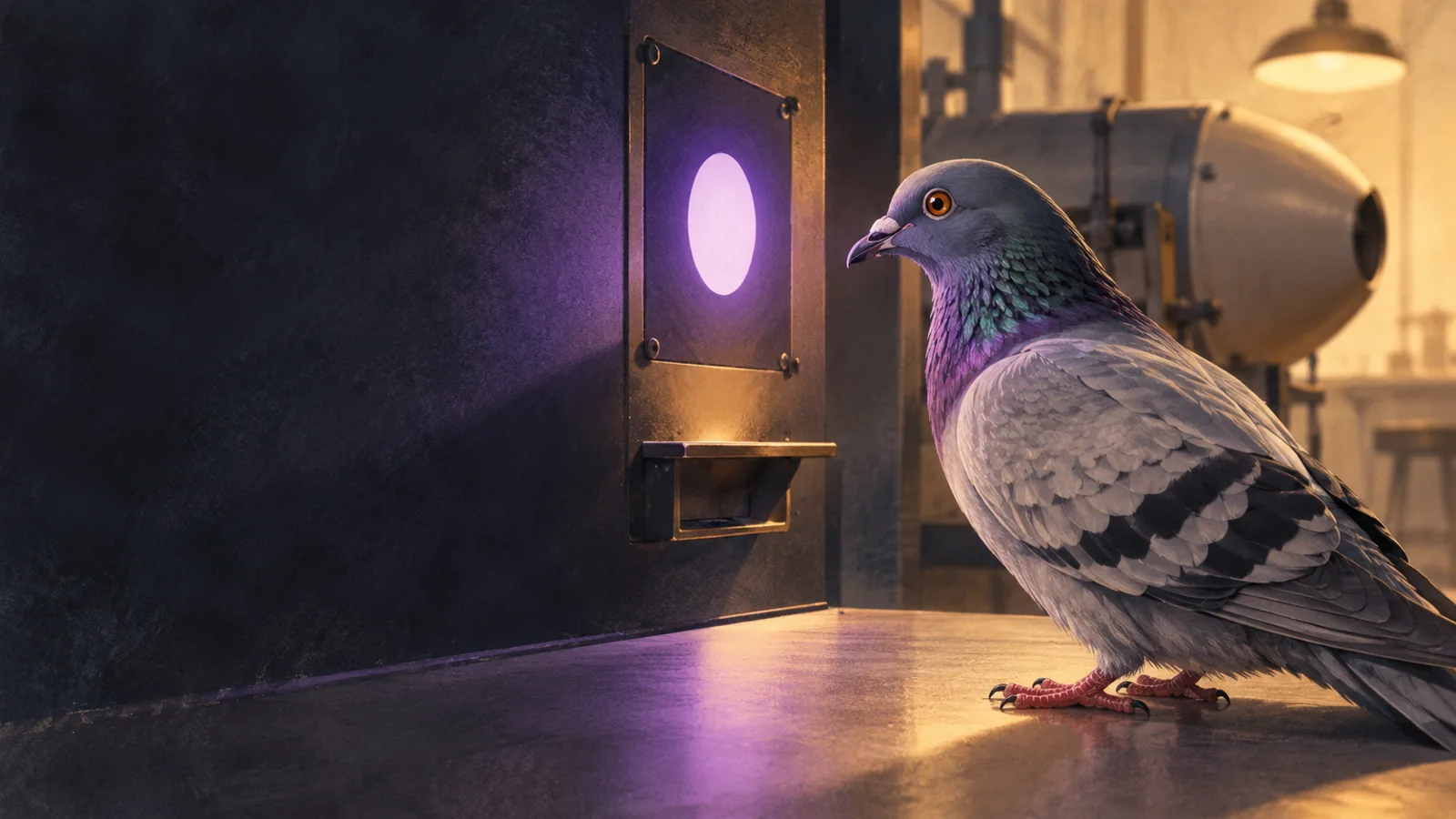 Modern illustration of a pigeon facing an illuminated display in a 1940s laboratory.