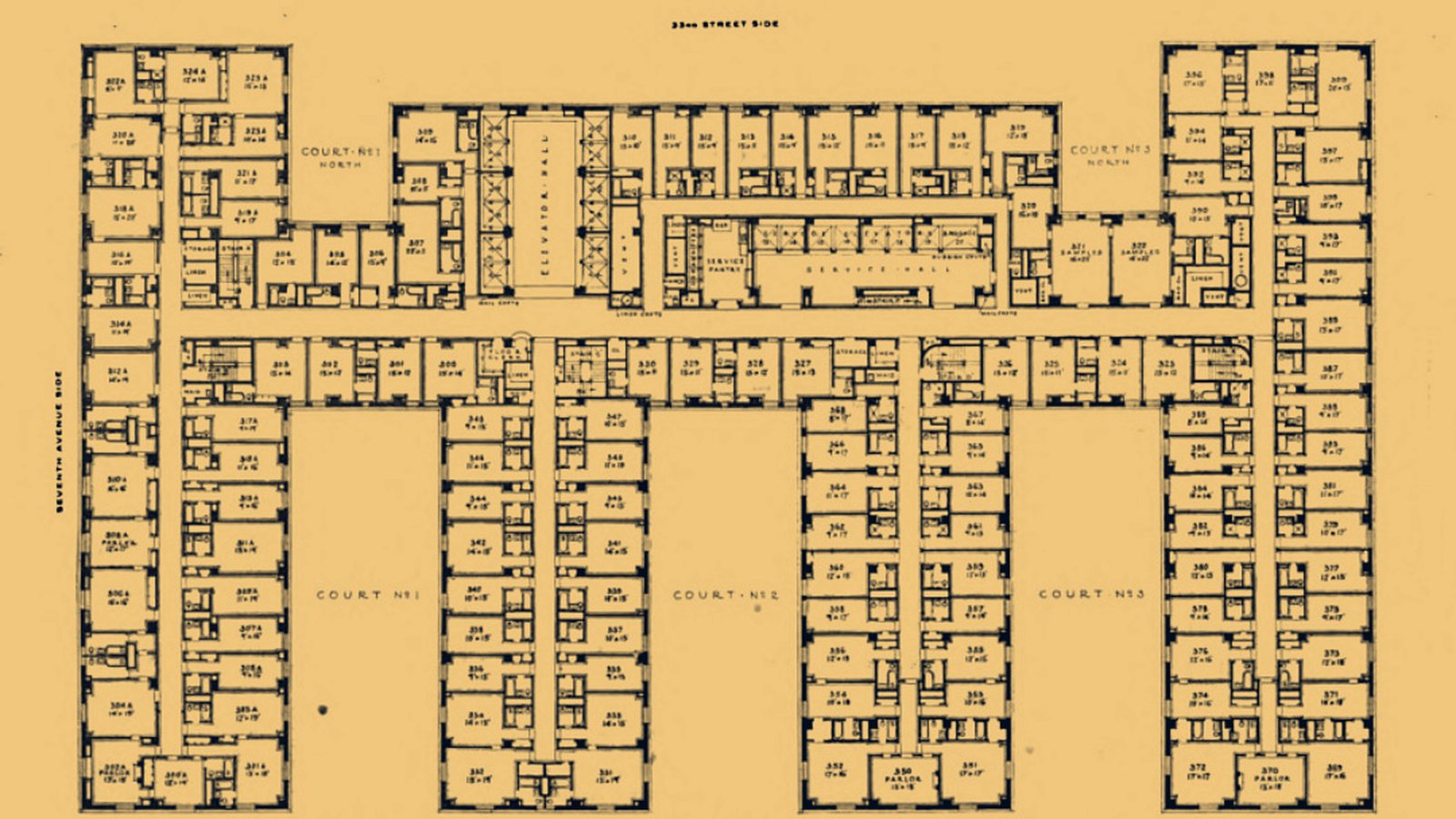 Typical guest floor plan of the Hotel Pennsylvania, later the Statler, in a navy and gold tint