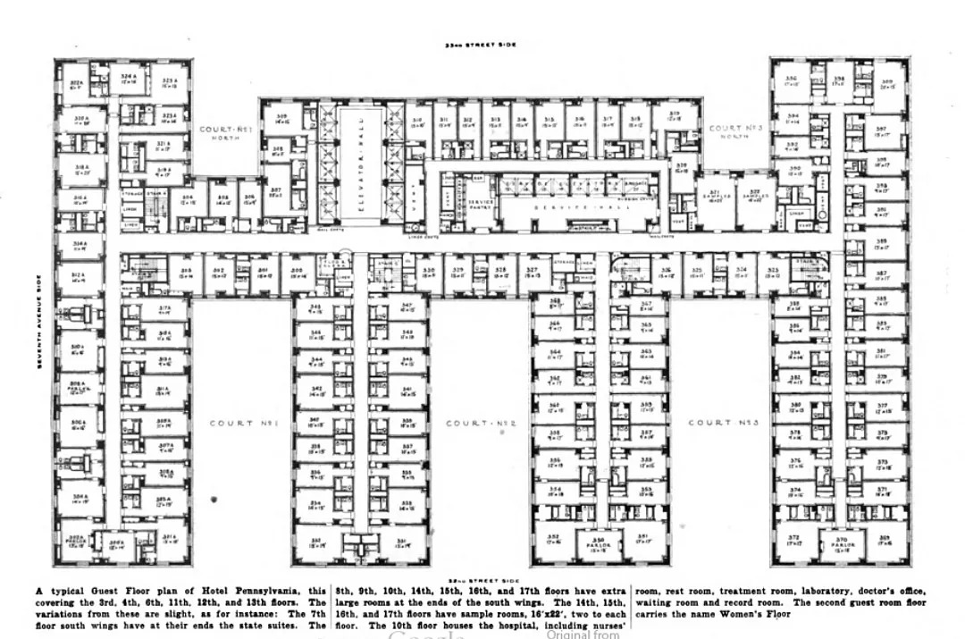 Architect's typical floor plan of the Hotel Pennsylvania, later the Statler, showing long corridors of guest rooms