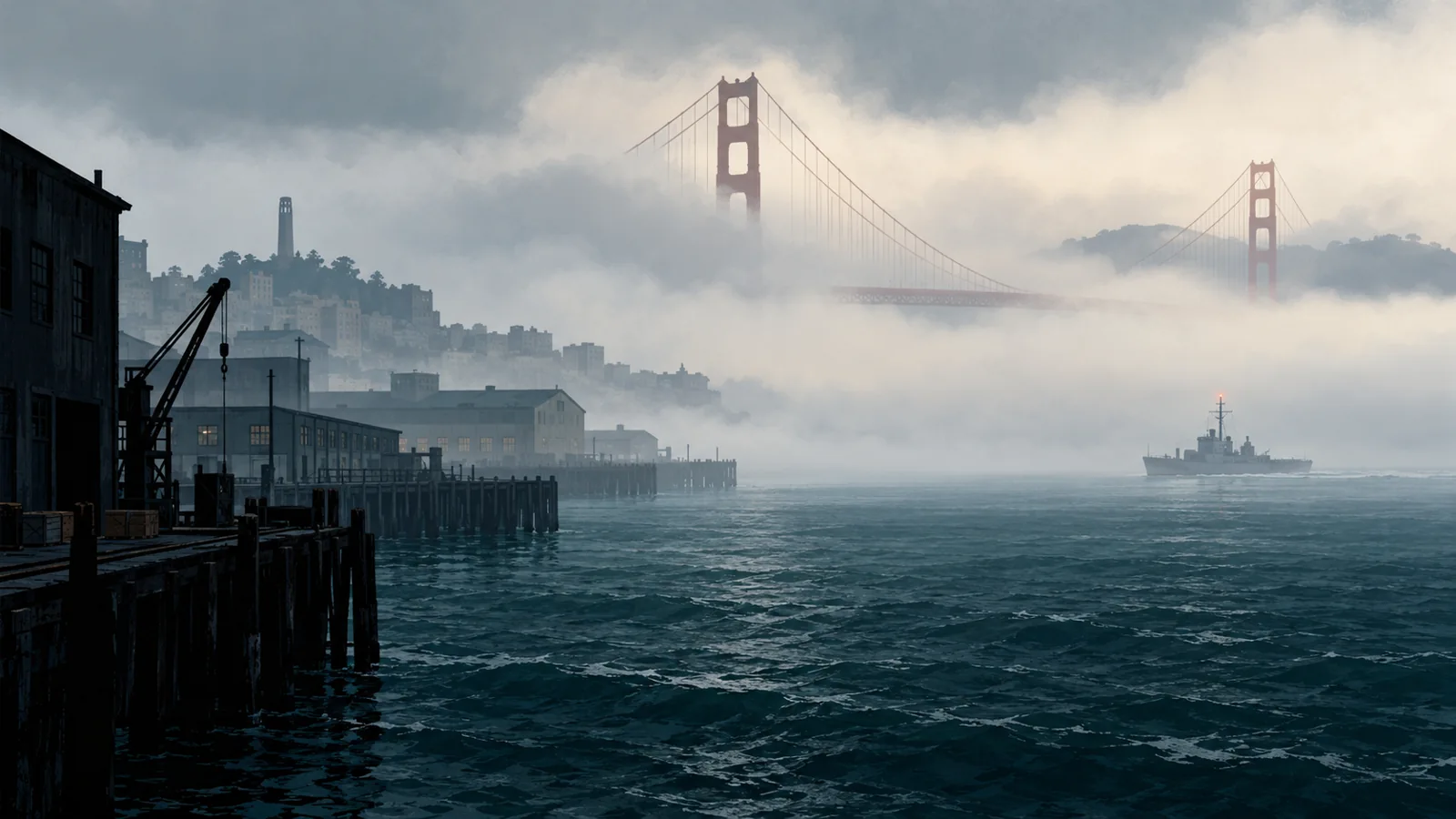 Modern illustration of a ship in foggy San Francisco Bay. The fog is atmosphere, not visible bacteria.