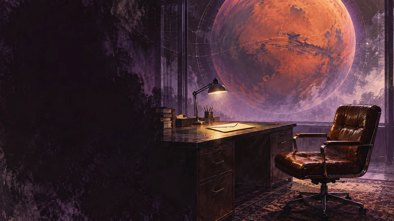Modern illustration of an empty chair and a sealed envelope beneath a large image of Mars.