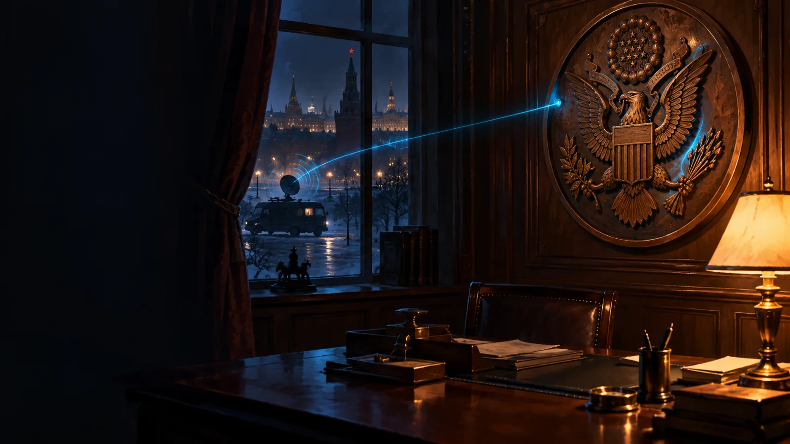 Modern illustration of a carved Great Seal in an office with a symbolic radio beam from a distant van.