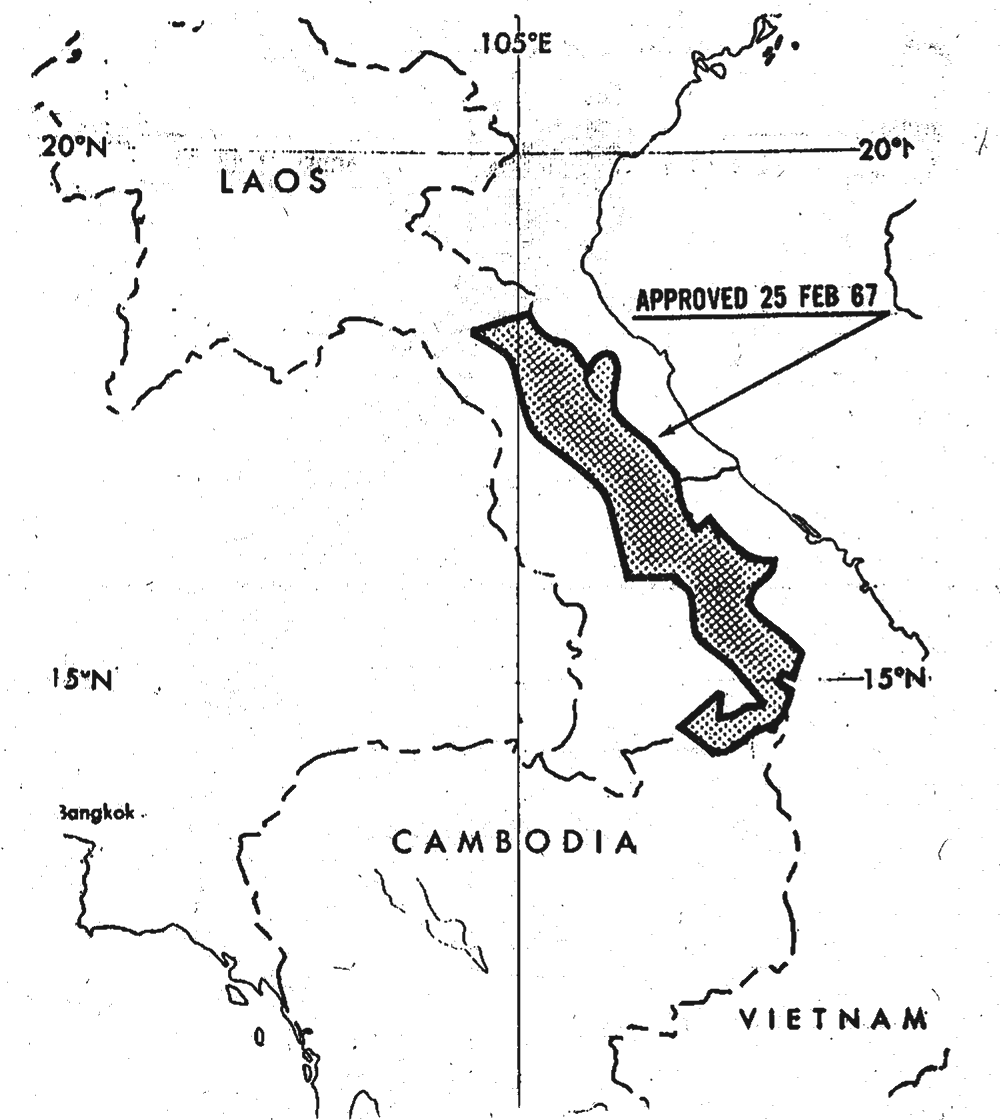 Printed map of Laos, Vietnam and Cambodia. A long shaded strip follows the Laos panhandle along the Vietnam border, labeled approved 25 Feb 67.