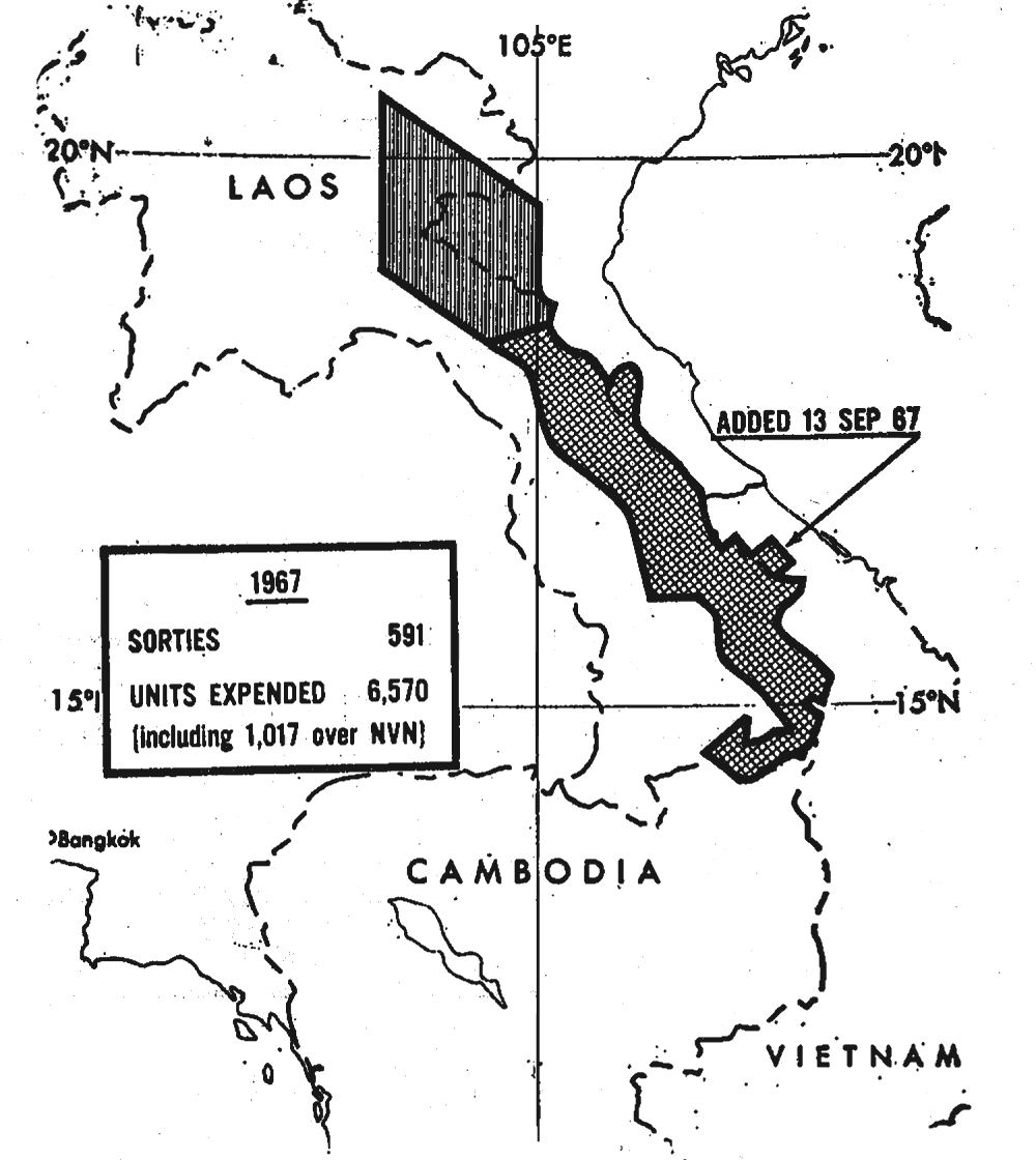 The same map with a small area added over the A Shau Valley in South Vietnam, labeled added 13 Sep 67, and a box with the 1967 totals.