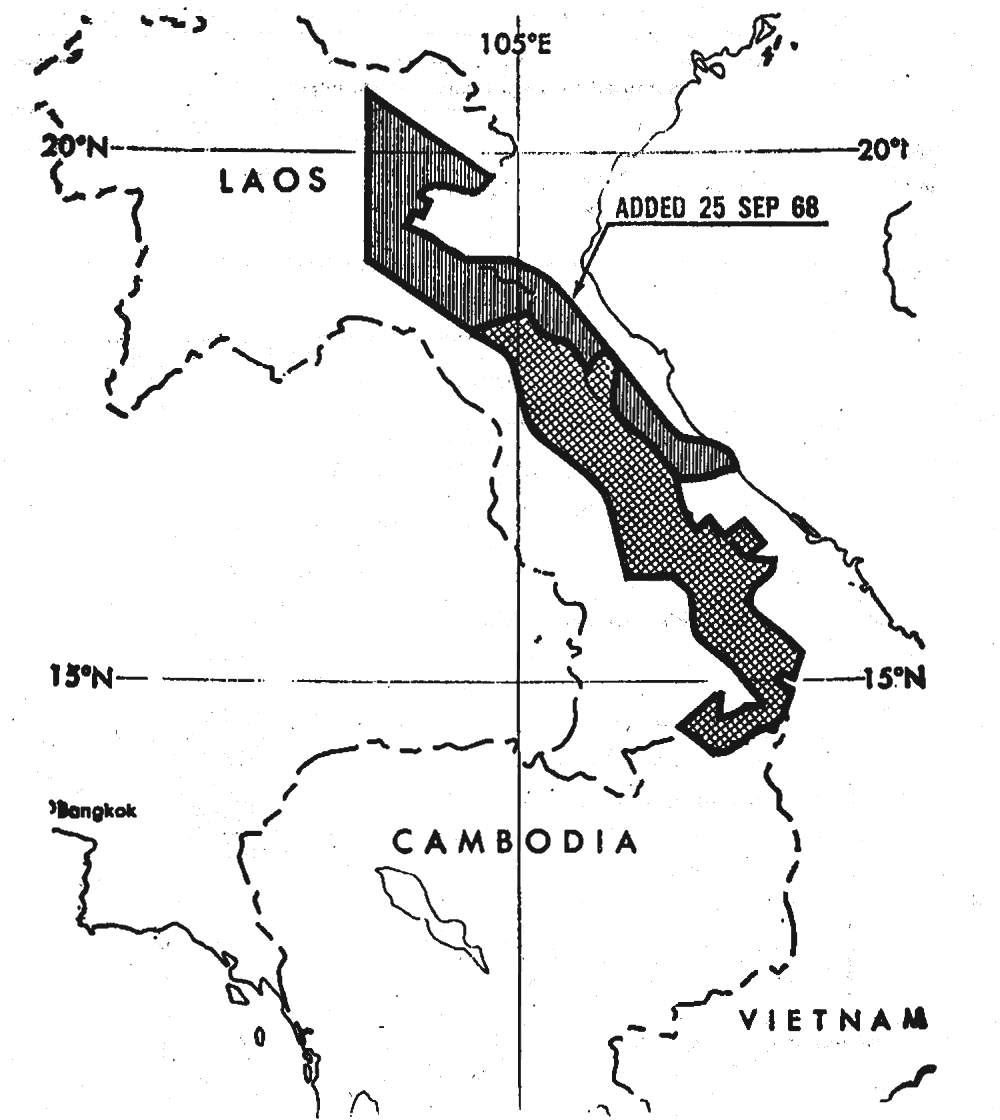 The same map with a hatched strip added inside North Vietnam along the border, labeled added 25 Sep 68.