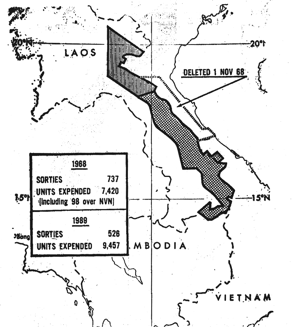 The same map with the North Vietnam strip outlined as removed, labeled deleted 1 Nov 68, and a box with the 1968 and 1969 totals.