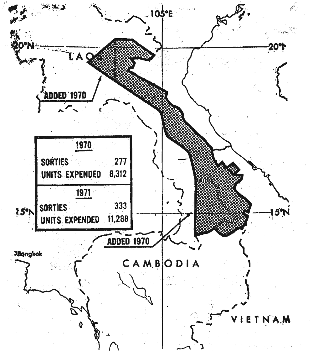 The same map with the areas in Laos redrawn in the north and south, labeled added 1970, and a box with the 1970 and 1971 totals.