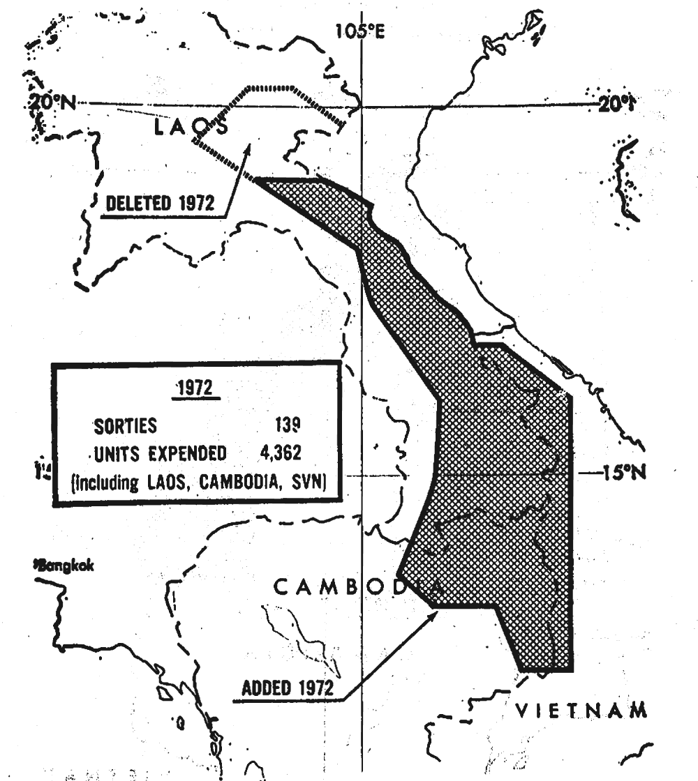 The same map with the northern area outlined as deleted in 1972 and a large area added over northeast Cambodia and South Vietnam, with a box of 1972 totals.