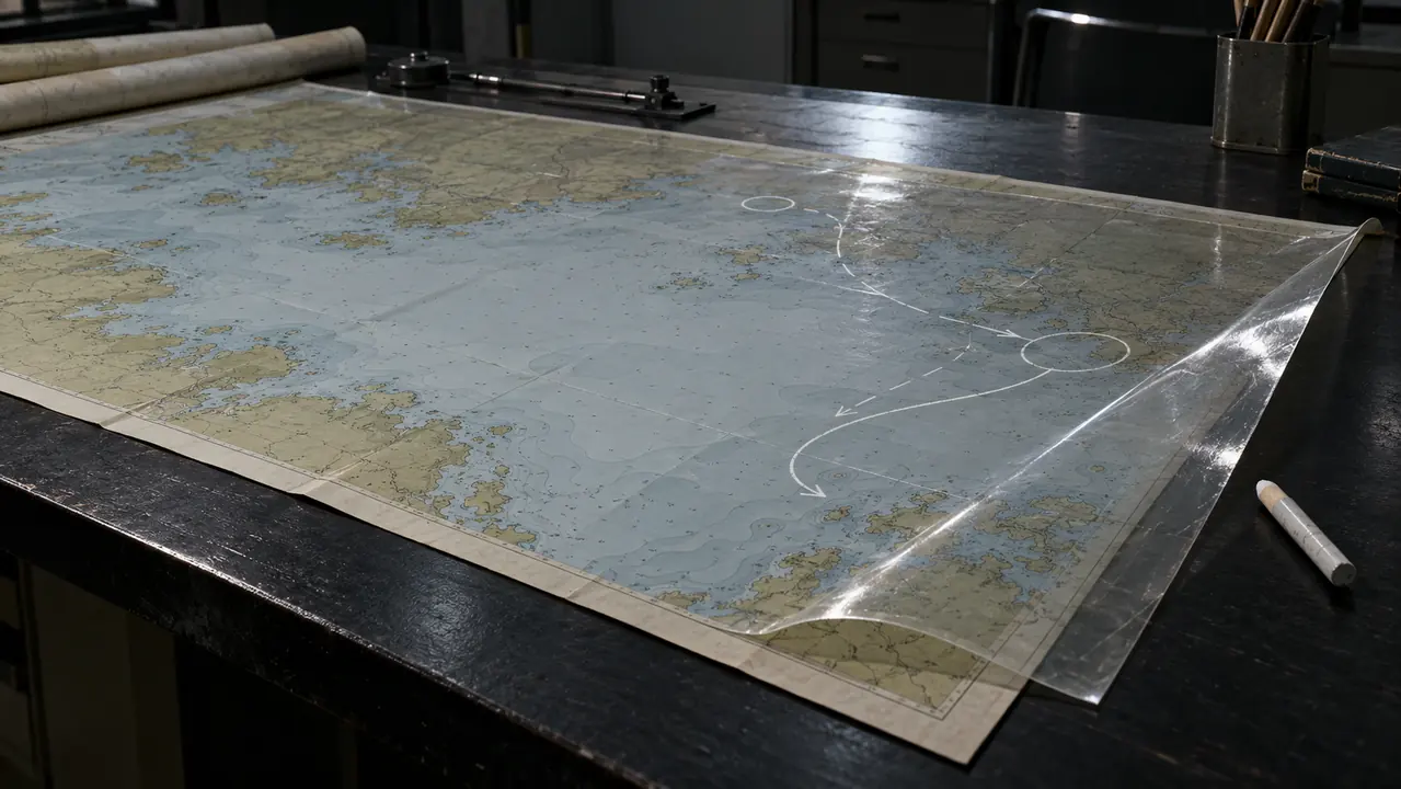 Generated reconstruction of a Cold War planning map stopped on an official desk