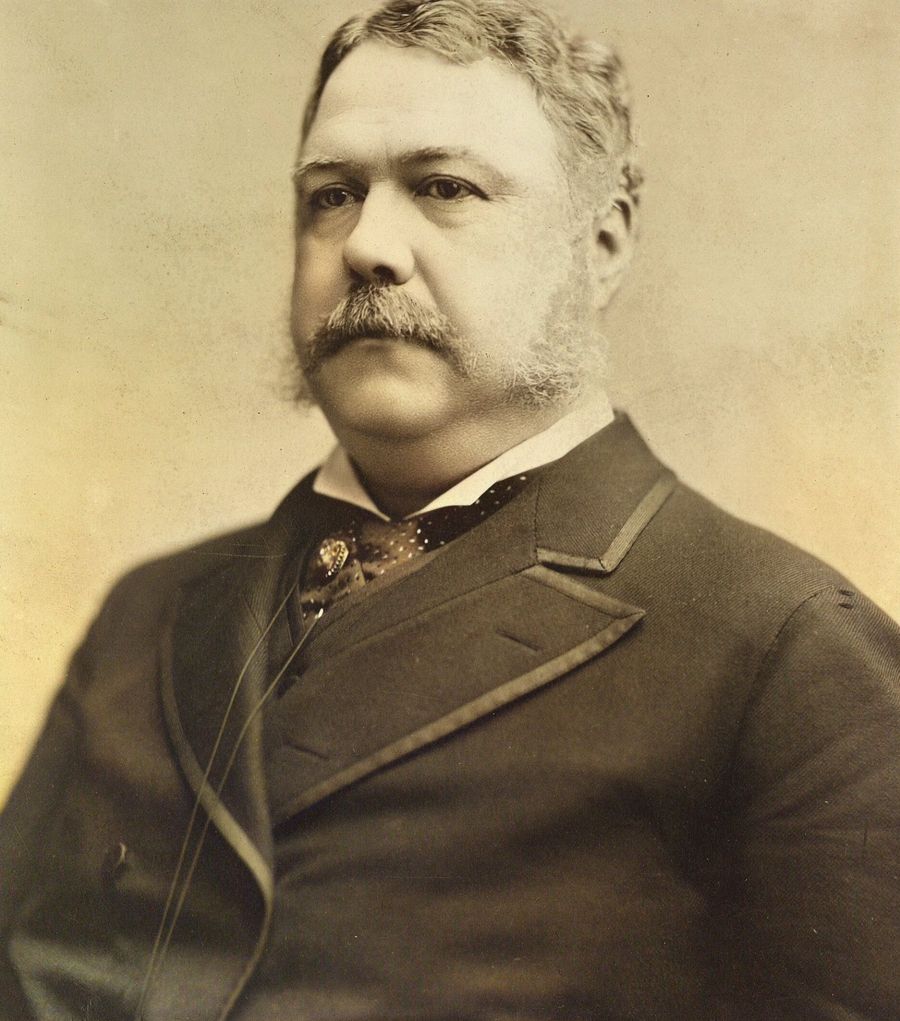Colorized portrait of Chester A. Arthur with thick side whiskers joined to a mustache and a dark coat