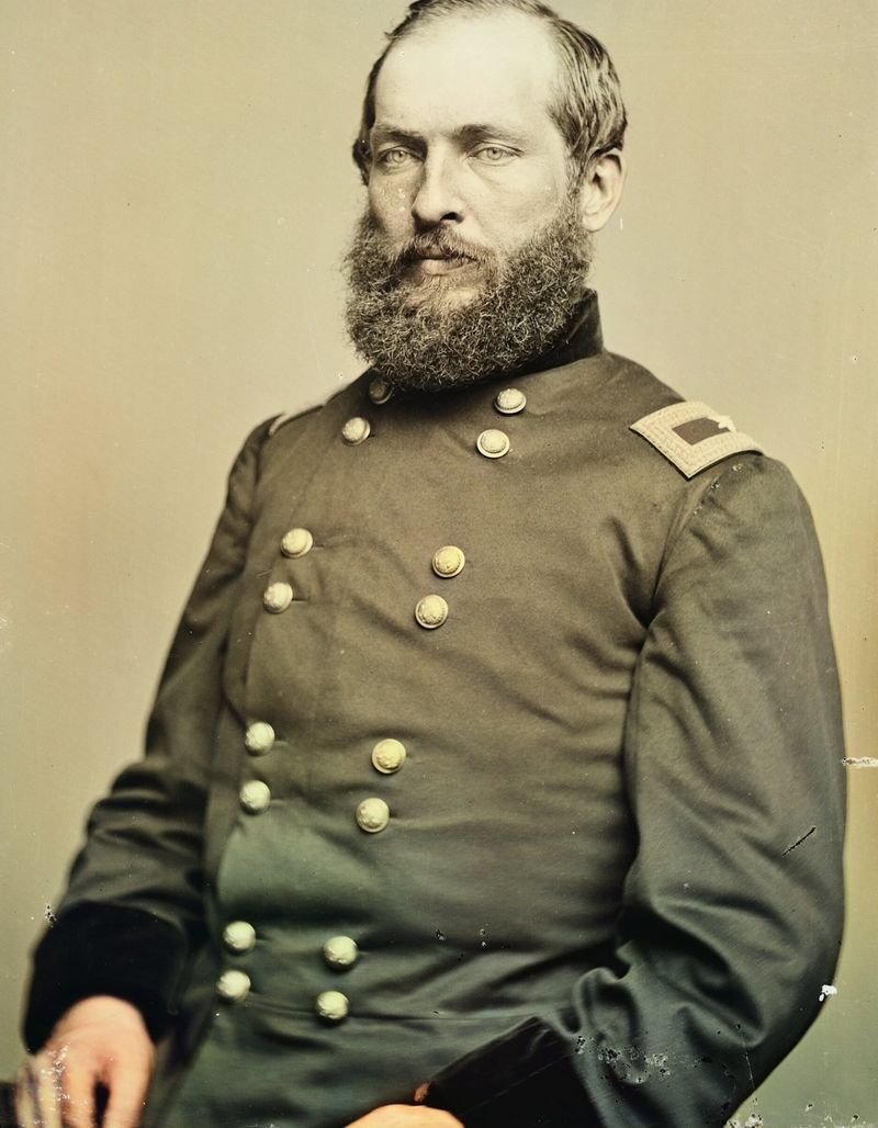 Colorized photograph of a young, bearded Garfield in a Union Army officer's coat with two rows of brass buttons