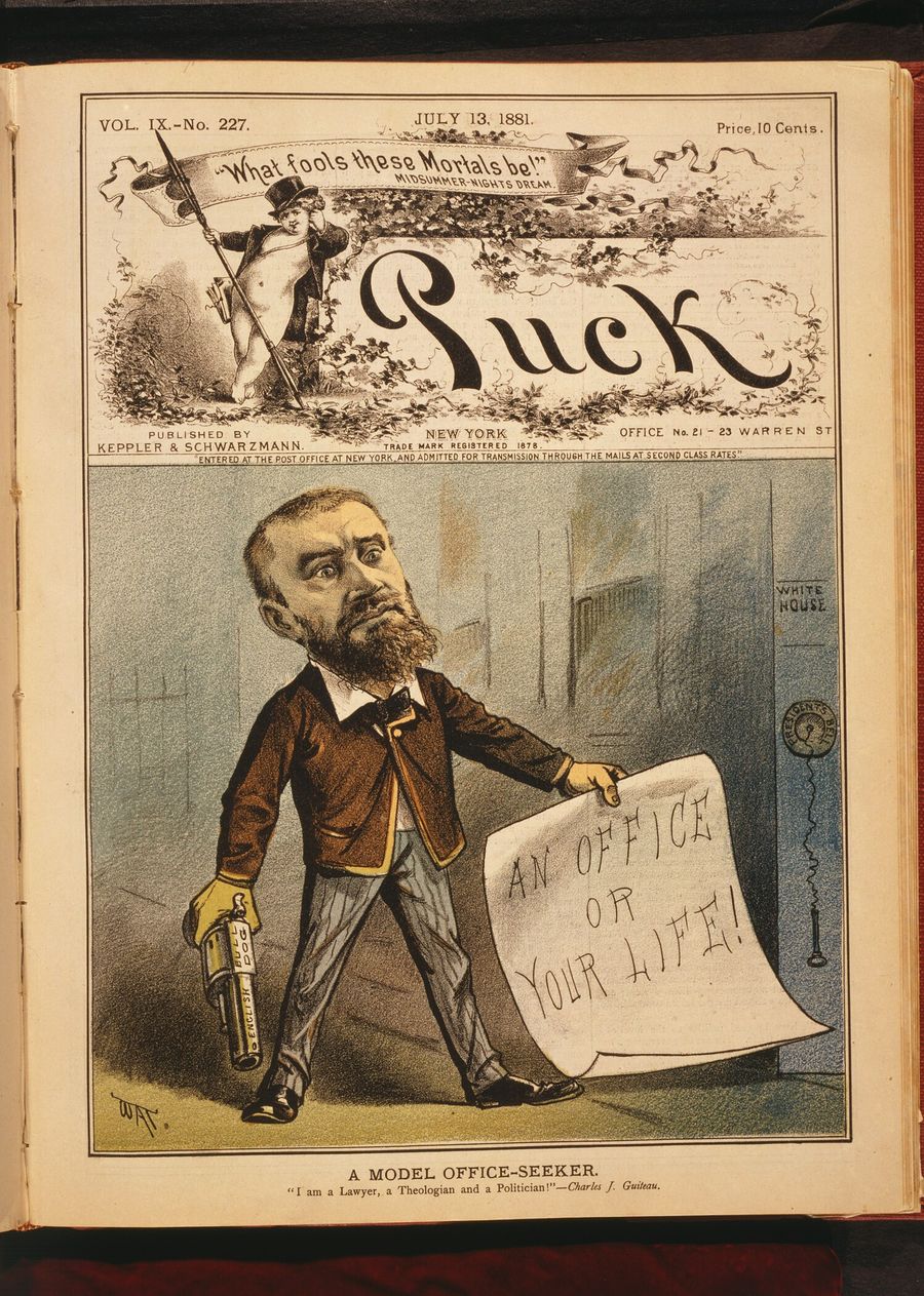 Color magazine cover cartoon of a bearded man holding a pistol and a paper that reads An office or your life