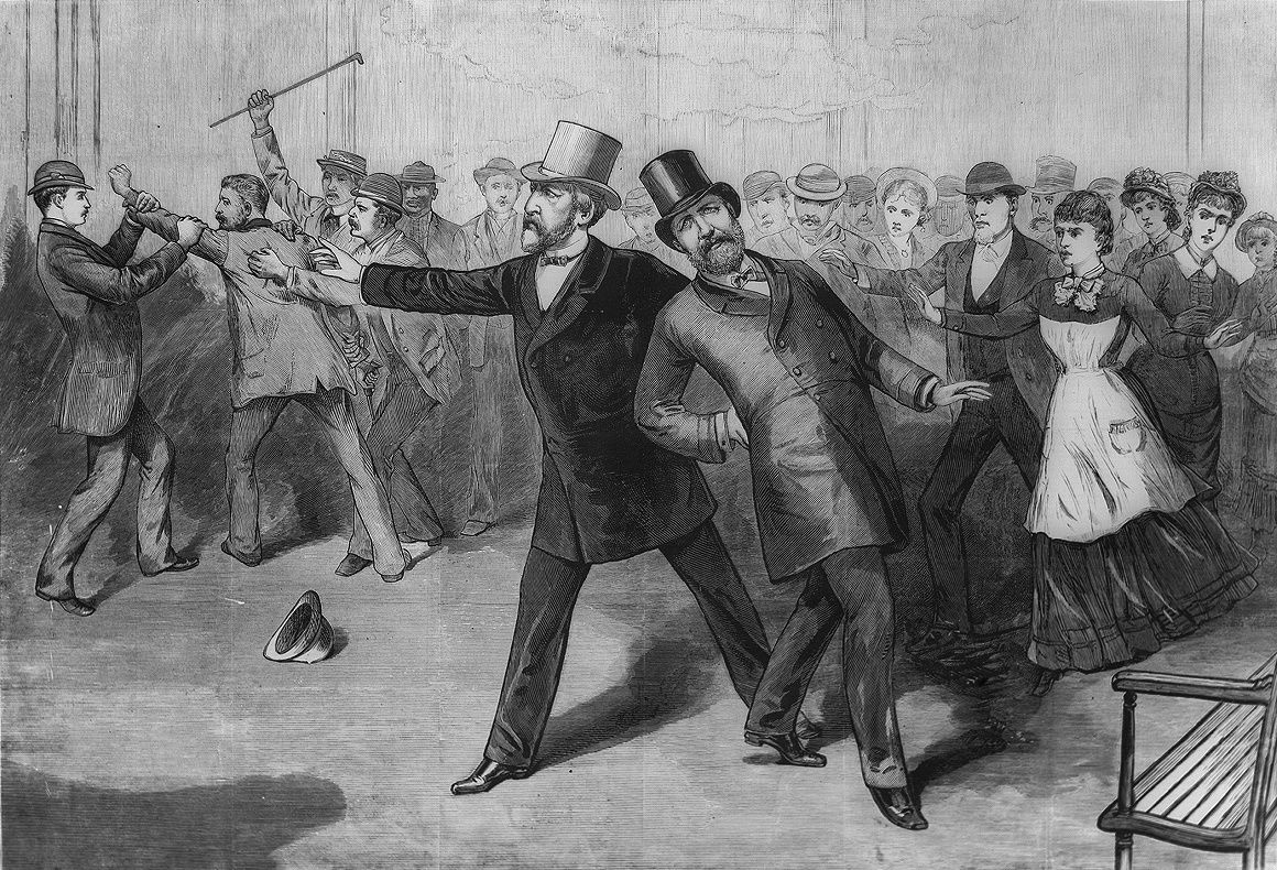 Engraving of a crowded train station, a man in a top hat staggering as another man with a pistol is grabbed by bystanders