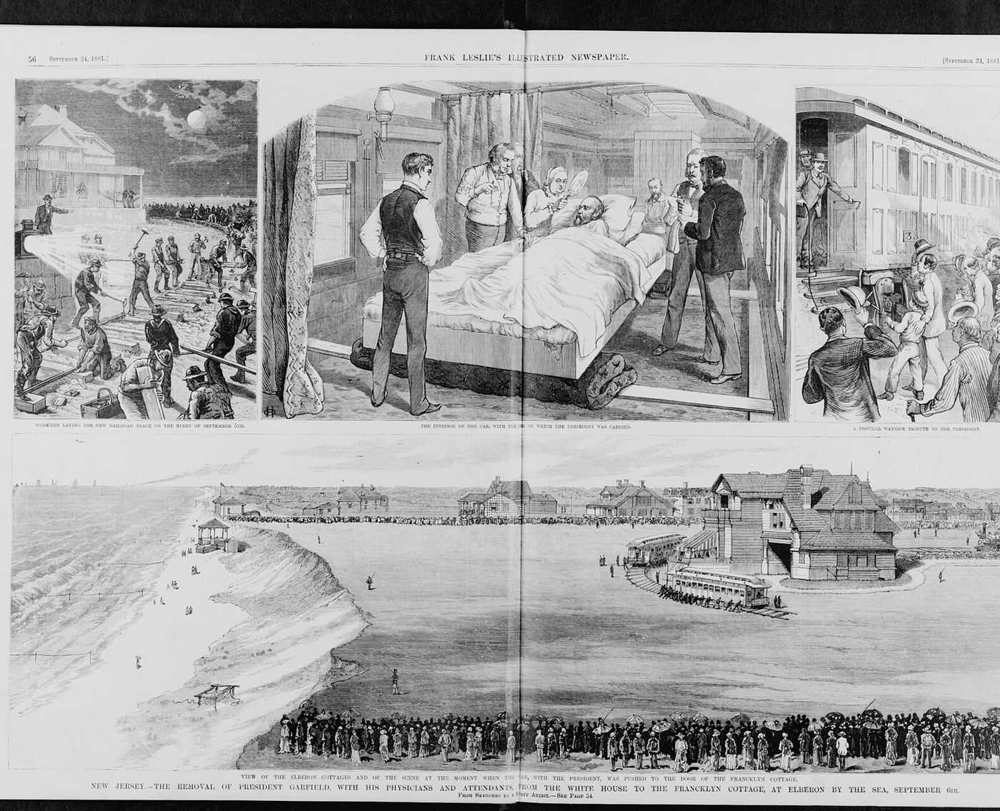 Newspaper engravings of the president carried on a bed into a railroad car, and a crowd on a beach watching a seaside cottage