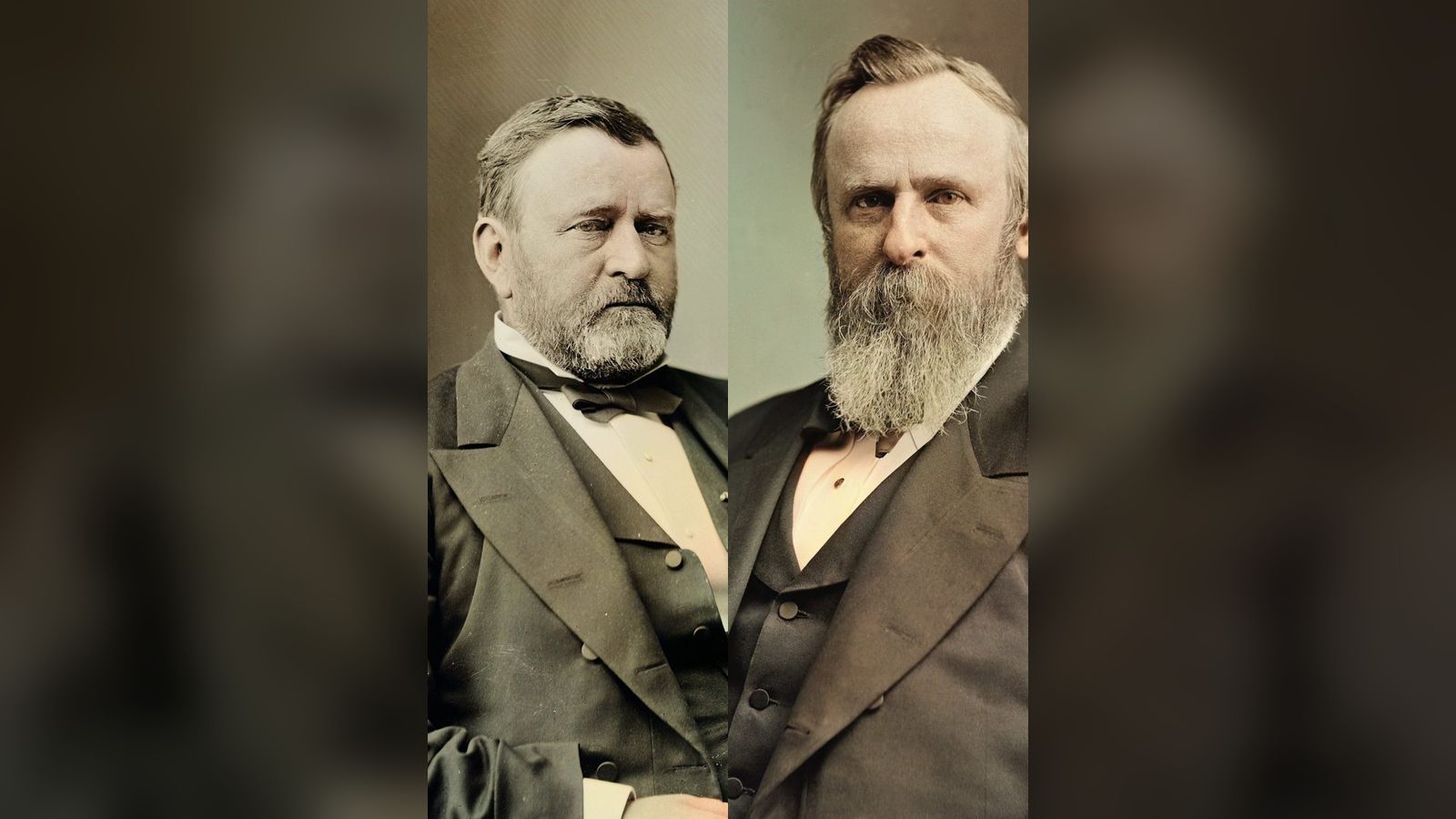 Colorized portraits of Ulysses S. Grant and Rutherford B. Hayes side by side