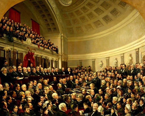Painting of a crowded, domed courtroom packed with men in dark suits and spectators in the galleries