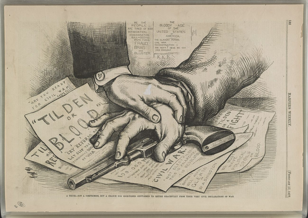 Engraved cartoon of two gloved hands resting on a revolver lying on top of newspapers, one headline reading Tilden or Blood