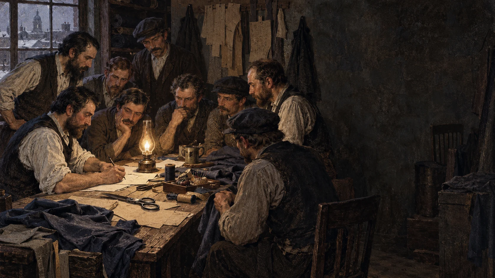 Illustrated reconstruction of Philadelphia garment cutters meeting privately in 1869